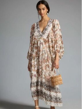 Anthropologie Cream Floral V-Neck Tiered Maxi Dress